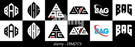 BAG letter logo design in six style. BAG polygon, circle, triangle, hexagon, flat and simple style with black and white color variation letter logo se Stock Vector