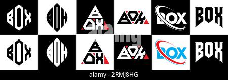 BOX letter logo design in six style. BOX polygon, circle, triangle, hexagon, flat and simple style with black and white color variation letter logo se Stock Vector