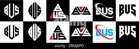 BUS letter logo design in six style. BUS polygon, circle, triangle, hexagon, flat and simple style with black and white color variation letter logo se Stock Vector