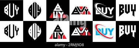 BUY letter logo design in six style. BUY polygon, circle, triangle, hexagon, flat and simple style with black and white color variation letter logo se Stock Vector