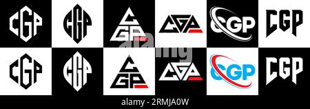 CGP letter logo design in six style. CGP polygon, circle, triangle, hexagon, flat and simple style with black and white color variation letter logo se Stock Vector