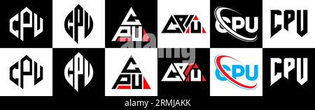 CPU letter logo design in six style. CPU polygon, circle, triangle, hexagon, flat and simple style with black and white color variation letter logo se Stock Vector