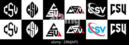CSV letter logo design in six style. CSV polygon, circle, triangle, hexagon, flat and simple style with black and white color variation letter logo se Stock Vector