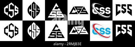 CSS letter logo design in six style. CSS polygon, circle, triangle, hexagon, flat and simple style with black and white color variation letter logo se Stock Vector