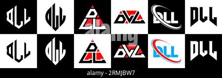 DLL letter logo design in six style. DLL polygon, circle, triangle, hexagon, flat and simple style with black and white color variation letter logo se Stock Vector