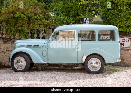 saint-emilion , France -  08 19 2023 : Renault juva 4 oldtimer car in side view outdoor blue vintage retro french vehicle Stock Photo