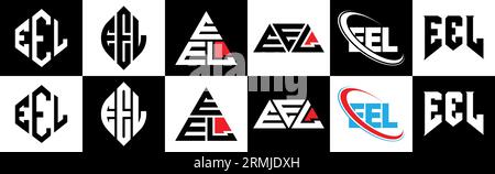 EEL letter logo design in six style. EEL polygon, circle, triangle, hexagon, flat and simple style with black and white color variation letter logo se Stock Vector