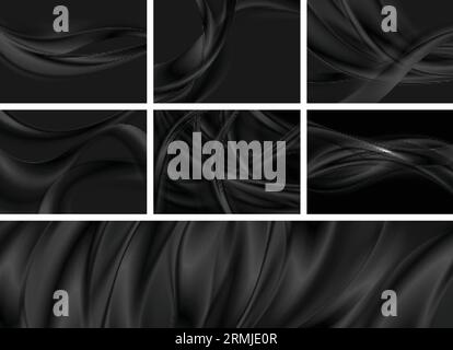 Set of black abstract smooth wavy backgrounds. Glossy liquid waves vector set design Stock Vector