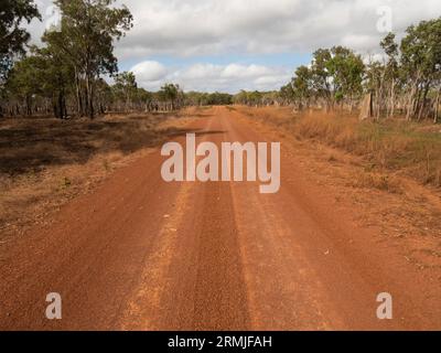 Red dirt unsealed track on Cape York, far North Queensland cutting through the outback bush. Stock Photo