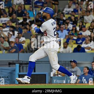 Los Angeles, United States. 28th Aug, 2023. Los Angeles Dodgers right  fielder Jason Heyward (23) celebrates with David Peralta after hitting a  two-run home run in the sixth inning of the 7-4