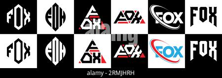 FOX letter logo design in six style. FOX polygon, circle, triangle, hexagon, flat and simple style with black and white color variation letter logo se Stock Vector