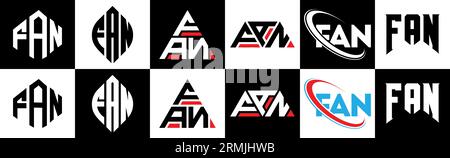 FAN letter logo design in six style. FAN polygon, circle, triangle, hexagon, flat and simple style with black and white color variation letter logo se Stock Vector