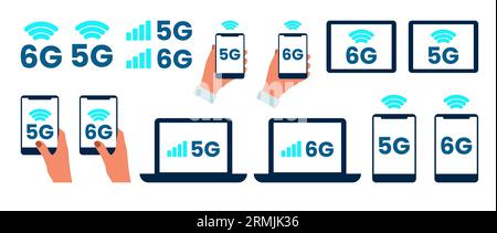 Icons 5G, 6G, phone, laptop, tablet, hand holding phone. High speed wifi or wireless network logo. Mobile internet technology symbol. Vector flat illustration. Stock Vector