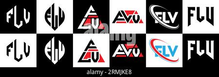 FLV letter logo design in six style. FLV polygon, circle, triangle, hexagon, flat and simple style with black and white color variation letter logo se Stock Vector