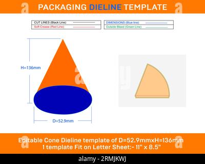 Waffle or sugar cone Ice cream cone die line template D 52.9xH 136 mm Stock Vector