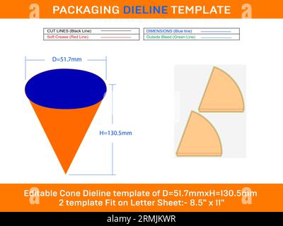 Sugar cone Ice cream die line template D 51.7xH 130.5 mm Stock Vector