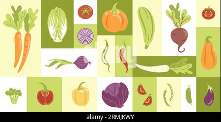 Big set of vegetables in flat style. Various fresh vegetarian products. agriculture design elements. Healthy lifestyle. For stickers, posters, design Stock Vector