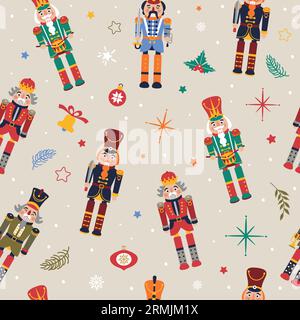 Seamless Christmas Pattern with Nutcrackers in Vector on beige. Stock Vector