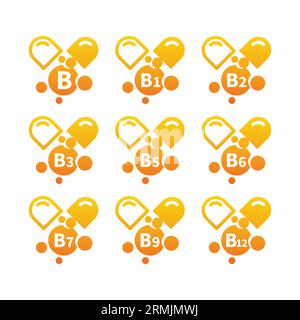 Vitamin b complex capsules icon set. Vitamins b1, b3, b9 and b12 icons. Stock Vector