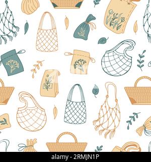 Pattern of eco bags. Shoppers, fabric pouches and a wicker bag with a natural composition. floral print. Zero waste. caring for nature. no plastic. Fo Stock Vector