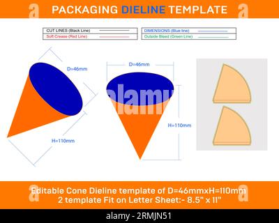 Butter cookie cone strawberry ice cream die line template D 46xH 110 mm Stock Vector