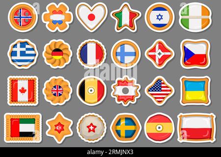 Set homemade cookie with flag country world in tasty biscuit, cookie consist of sign flag country world on natural biscuit, fresh biscuit cookie with Stock Vector