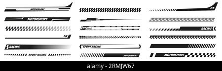 Black racing stripes. Modern race modification mark, elegant futuristic techno decals for bike car and motorcycle. Vector set. Motor vehicle stickers for tuning isolated collection Stock Vector