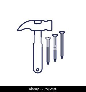 hammer and nails line icon on white Stock Vector