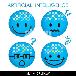Artificial Intelligence Smiley Face Icon Set Isolated On A White Background. Vector Illustration. Stock Vector
