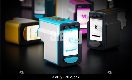 Generic inkjet printer CMYK cartridges. 3D illustration. Stock Photo