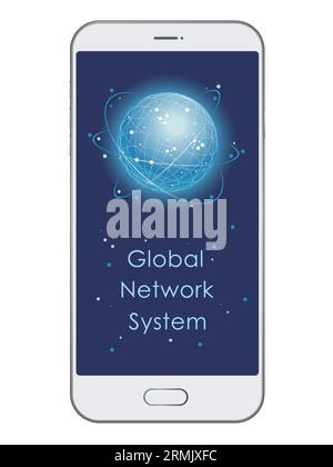 Global Communication Network System Concept, Vector Illustration. Global Network System Icon On A Smartphone Display. Stock Vector