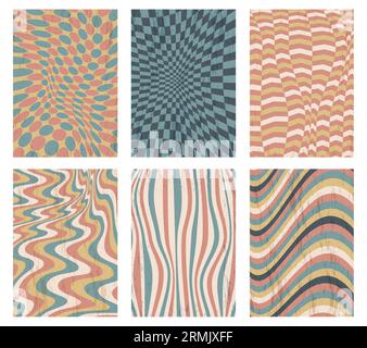 Hippie poster background. Retro groovy geometric texture, psychedelic groovy retro banners with peace swirl hippie symbols. Vector colorful set. Checkered and curvy design with dynamic lines Stock Vector