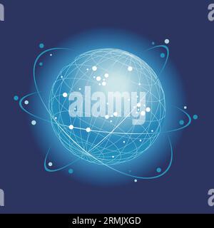Global Network System Vector Concept Illustration With Satellites Around The Globe On A Dark Blue Background. Stock Vector