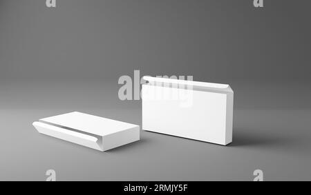 White box mockup, blank box template isolated on grey background, 3D rendering Stock Photo