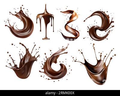 Set of liquid brown coffee or chocolate splashes and drops on white background vector Stock Vector