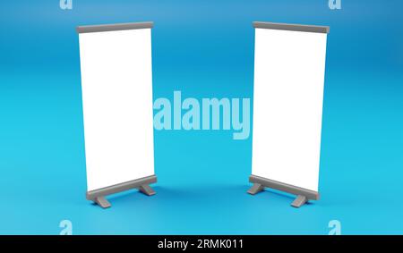 3d rendering of blank roll up banner stand isolated on blue background Stock Photo