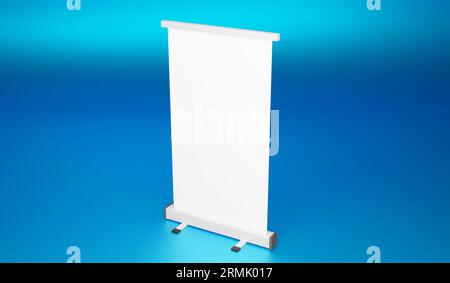 Blank roll up banner stand on blue background. 3d render Stock Photo