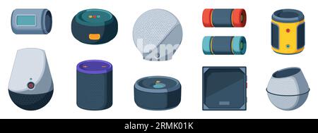 Wireless speakers. Outdoor smart phone and tablet accessories with voice recognition and streaming music, AI technology cartoon flat style. Vector isolated set of audio portable speaker illustration Stock Vector