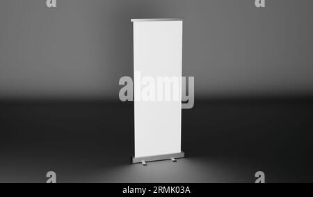 Blank roll up banner stand in dark room. 3d render Stock Photo