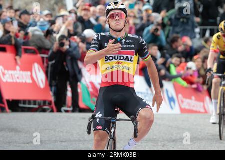 Remco Evenepoel Belgian Champion Soudal Quick Step takes the stage win at Arinsal Stock Photo
