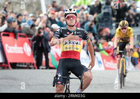 Remco Evenepoel Belgian Champion Soudal Quick Step takes the stage win at Arinsal Stock Photo