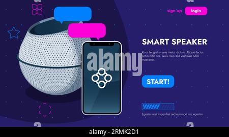 Smart speaker concept. Future voice control device for home and office, AI connected speaker with music and phone apps. Vector illustration of assistant control speaker Stock Vector