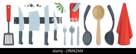 Cartoon cutlery set. Kitchen utensils spoon fork knife ladle strainer spatula, spatula with hole, flat cooking tools. Vector isolated set of utensil kitchenware illustration Stock Vector