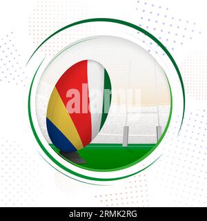 Flag of Seychelles on rugby ball. Round rugby icon with flag of Seychelles. Vector illustration. Stock Vector