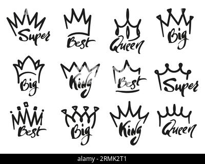 Crown graffiti logo. Monogram of royal crown with lettering typography, elegant monarch emblems design. Vector isolated set of crown king or queen graffiti illustration Stock Vector