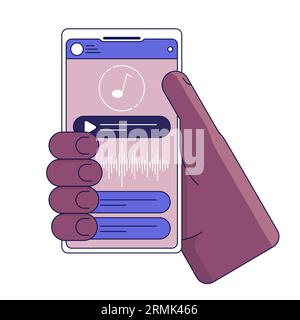 Holding smartphone flat line concept vector spot illustration Stock Vector