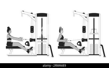Working out on seated row machine bw vector spot illustration Stock Vector