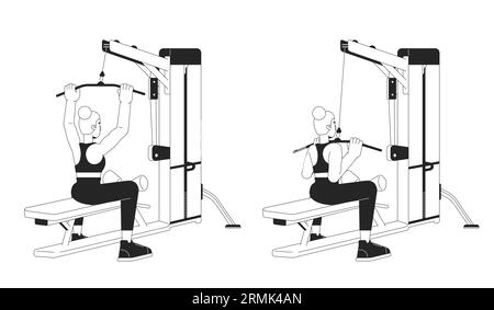 Working out on lat pulldown machine bw vector spot illustration Stock Vector