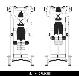 Working out on assisted pull up machine bw vector spot illustration Stock Vector
