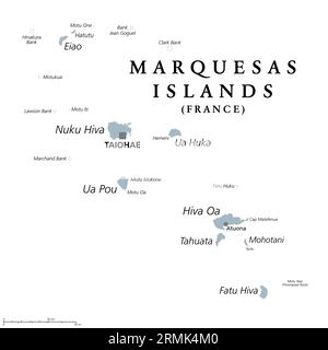 Marquesas Islands gray political map. Group of volcanic islands in French Polynesia. Overseas collectivity of France in the South Pacific Ocean. Stock Photo